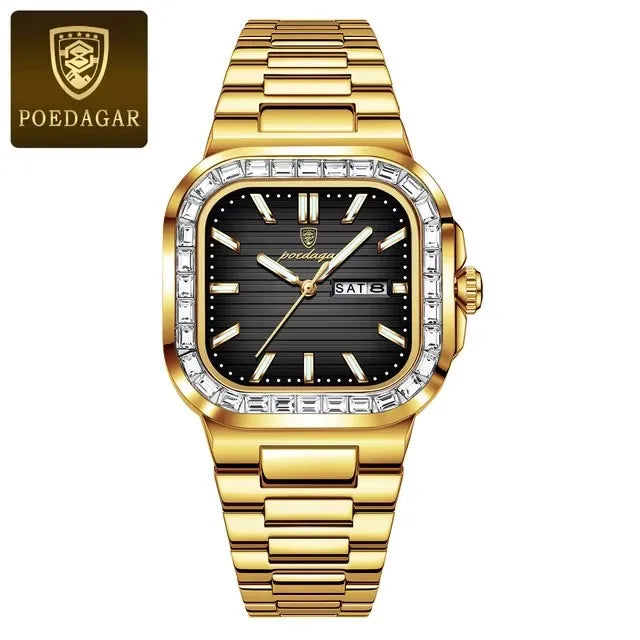 POEDAGAR New Luxury Gold Blue Quartz Watch for Men Stainless Steel Waterproof Luminous Date Week Fashion Square Men's Watches