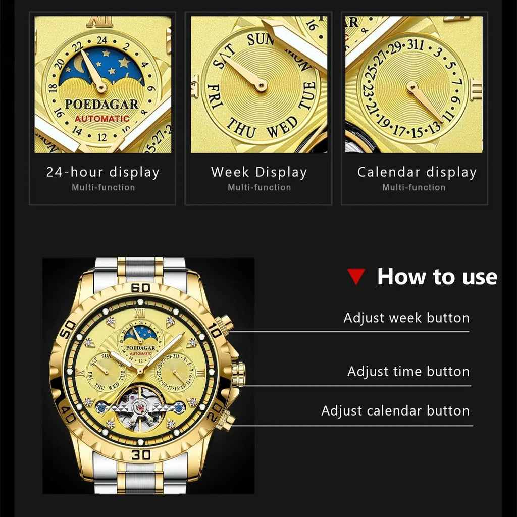 POEDAGAR Luxury Automatic Mechanical Men Watch Tourbillon Waterproof Luminous Date Week Wristwatch Stainless Steel Men's Watches