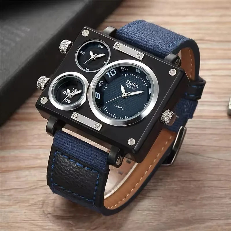 Oulm 3595 Men's Watches Top Luxury Unique Designer Watches Fashion Square Big Face 3 Time Zone Casual Quartz Watch for Men