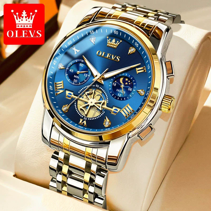 OLEVS 2856 Men's Watches Classic Multifunctional Flywheel Design Stainless Steel Waterproof Moon Phase Men's Wristwatches Trend