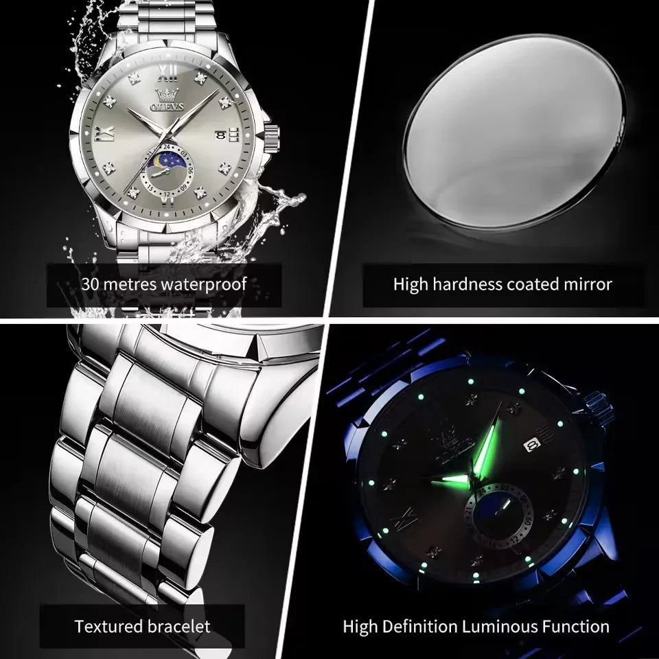 OLEVS 2956 Moon-Phase Wristwatch New Luxury Men's Watches Business Quartz Men Date Fashion Waterproof Stainless Steel Belt Watch