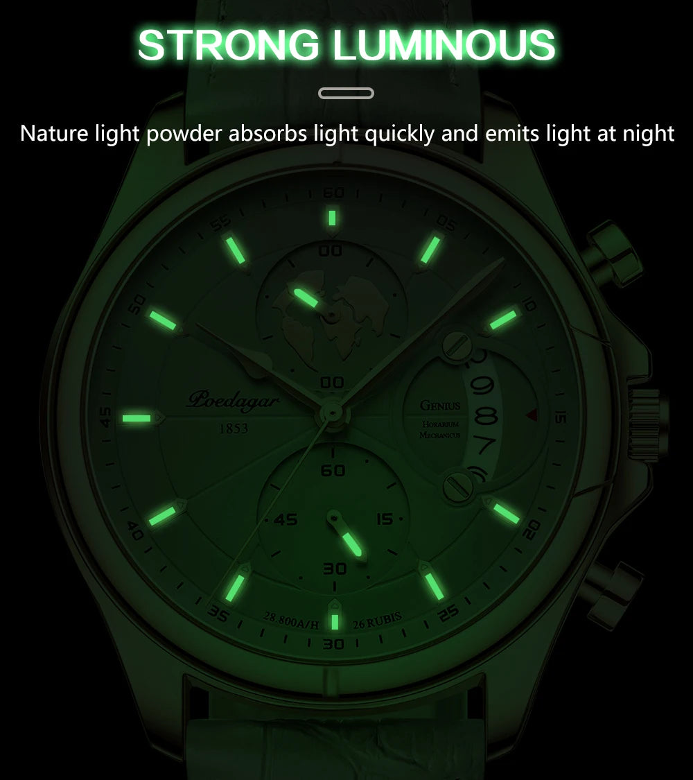 POEDAGAR Luxury Casual Sport Watch for Men Creative Chronograph Leather Strap Date Waterproof Men's Watches Relogio 989 Montre