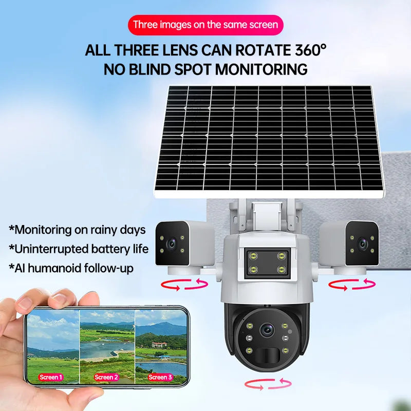 Rscamtom 4G Solar Camera Outdoor Waterproof Three screen Human Motion Detection Alarm Two way Voice Security Camera Solar 4G