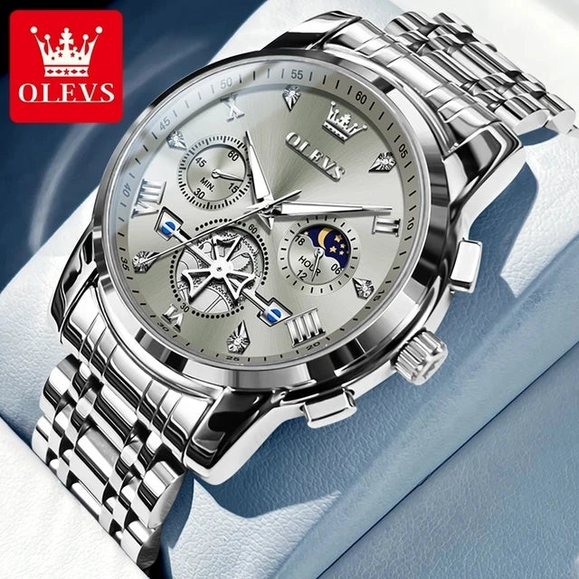 OLEVS 2856 Men's Watches Classic Multifunctional Flywheel Design Stainless Steel Waterproof Moon Phase Men's Wristwatches Trend
