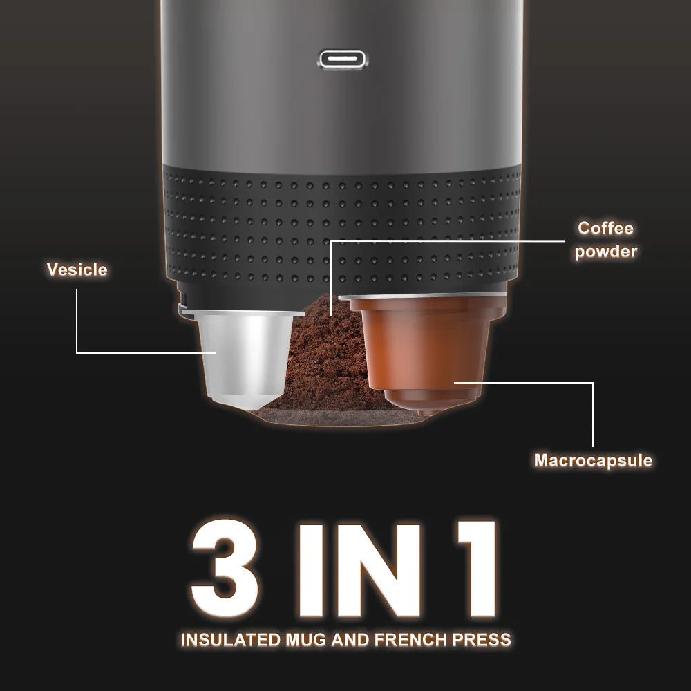 Hot Cold Automatic Coffee Maker with Brew System Portable for Car Use Spanish Language Support Ground Coffee Capsule Compatible