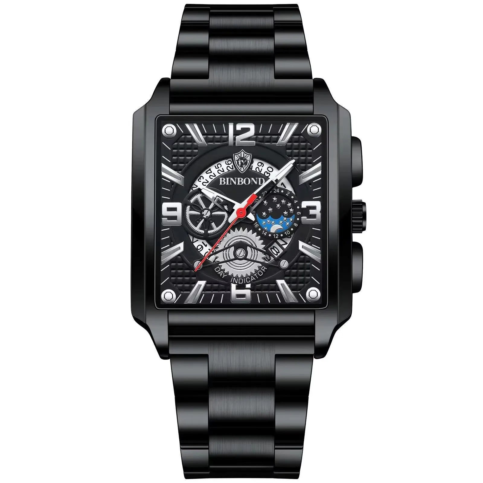 Binbond B6575 6575 Casual Square Waterproof Watch Stainless Steel Quartz Wrist Genuine Leather Belt Luminous Hands Men's Watches