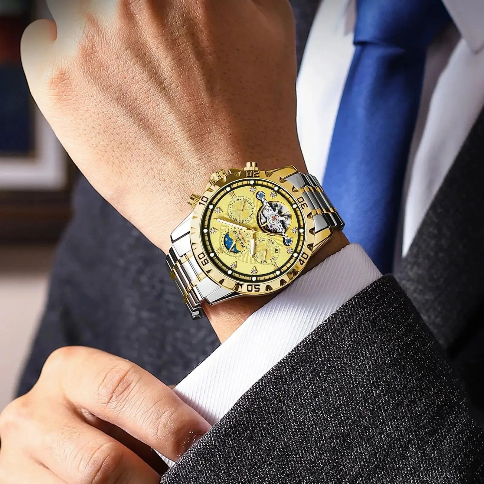 POEDAGAR 1412 Luxury Automatic Mechanical Tourbillon Waterproof Luminous Date Week Men Wristwatch Stainless Steel Men's Watches