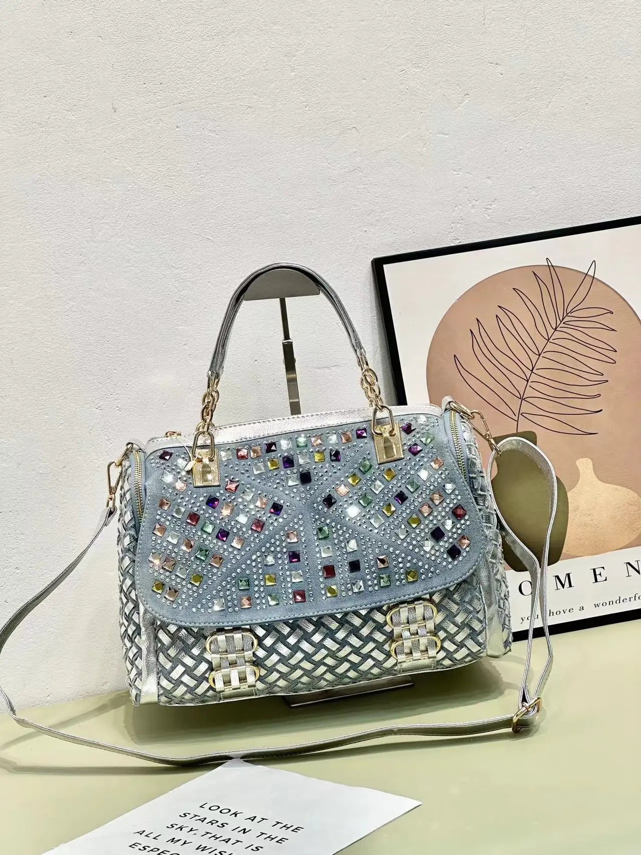 Renovate Denim Jean Casual Women Handbags Designer Shoulder Bags Rhinestone Decorative Womens Messenger Bag Totes
