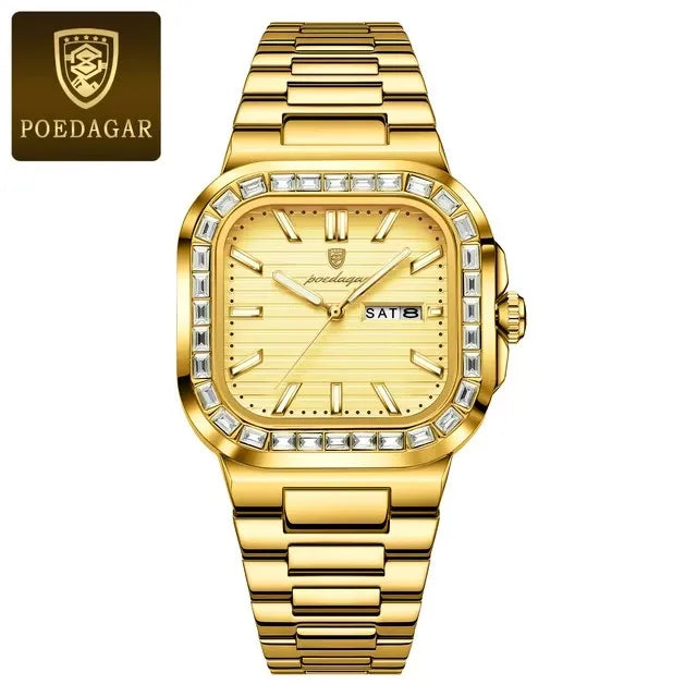 POEDAGAR New Luxury Gold Blue Quartz Watch for Men Stainless Steel Waterproof Luminous Date Week Fashion Square Men's Watches