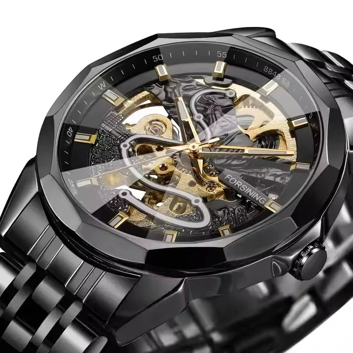 FORSINING Gold Mechanical Watches Waterproof Skeleton Automatic Movement Watch for Men Luxury Stainless Steel Men's Watches
