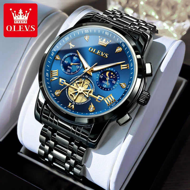 OLEVS Luxury Men's Watches Classic Roman Scale Flywheel Moon Phase Waterproof Quartz Watch for Men Classic 2856 Chronograph
