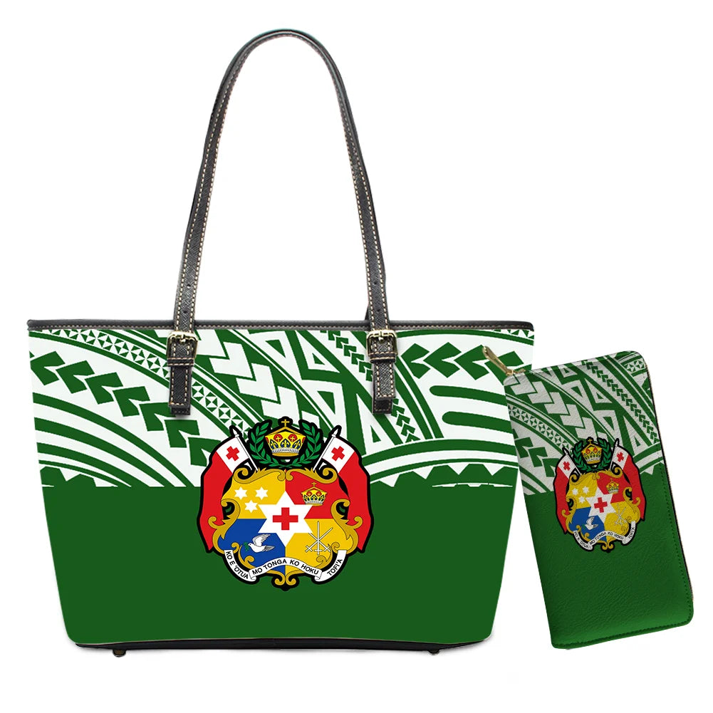Hawaiian Flower Polynesian Design Print Women Handbags and Purses Set Customized Large Leather Tote Matching Long Zipper Wallet