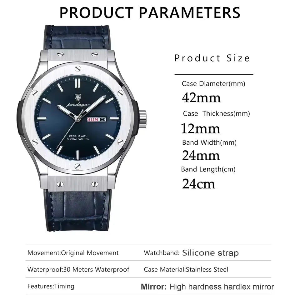 POEDAGAR 952 Fashion Men's Watches Trend Classic New Quartz Watch for Man Waterproof Luminous Week Date Wristwatch Leather