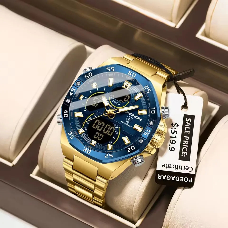 POEDAGAR E101 Dual Display Brand Luxury Quartz Digital Fashion Men's Watches Multi Functional Stainless Steel Belt Watch for Men