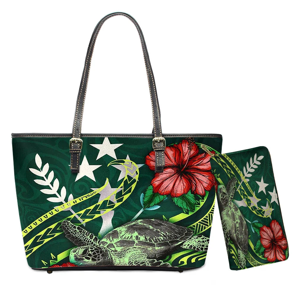 Hawaiian Flower Polynesian Design Print Women Handbags and Purses Set Customized Large Leather Tote Matching Long Zipper Wallet