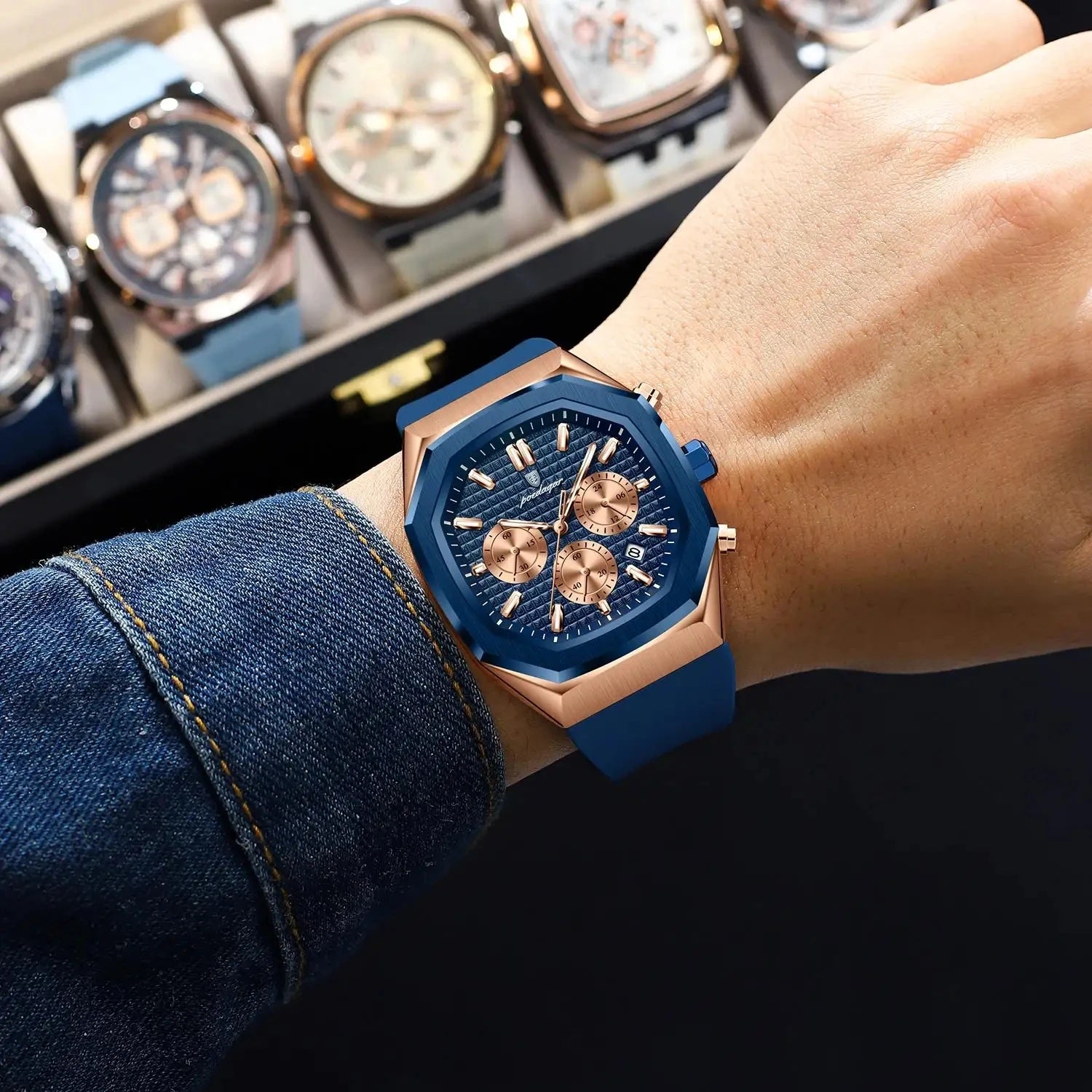 POEDAGAR 893 Luxury Watch Male Soft Silicone Strap Sports Man Wrist Waterproof Luminous Chronograph Date Quartz Men's Watches