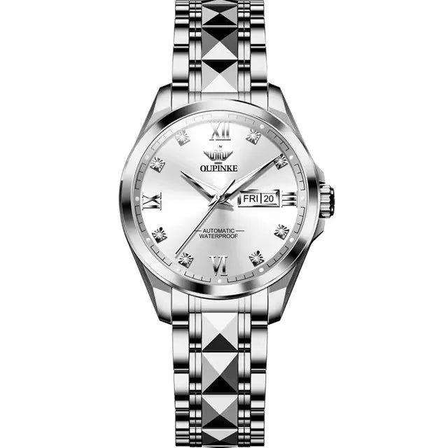 Oupinke 3262 Women's Watches Elegant Trend Girl Silver Tungsten Steel Strap Classic Calendar Date Chronograph Ladies Wristwatch