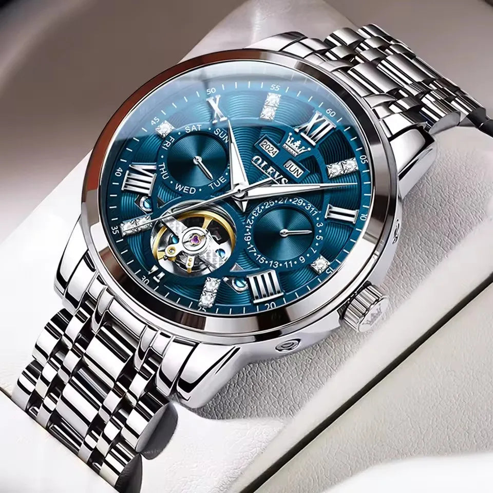 OLEVS 6701 Tourbillon Mechanical Skeleton Hollow Out Men's Watches Automatic Stainless Steel Strap Original Wristwatch for Men