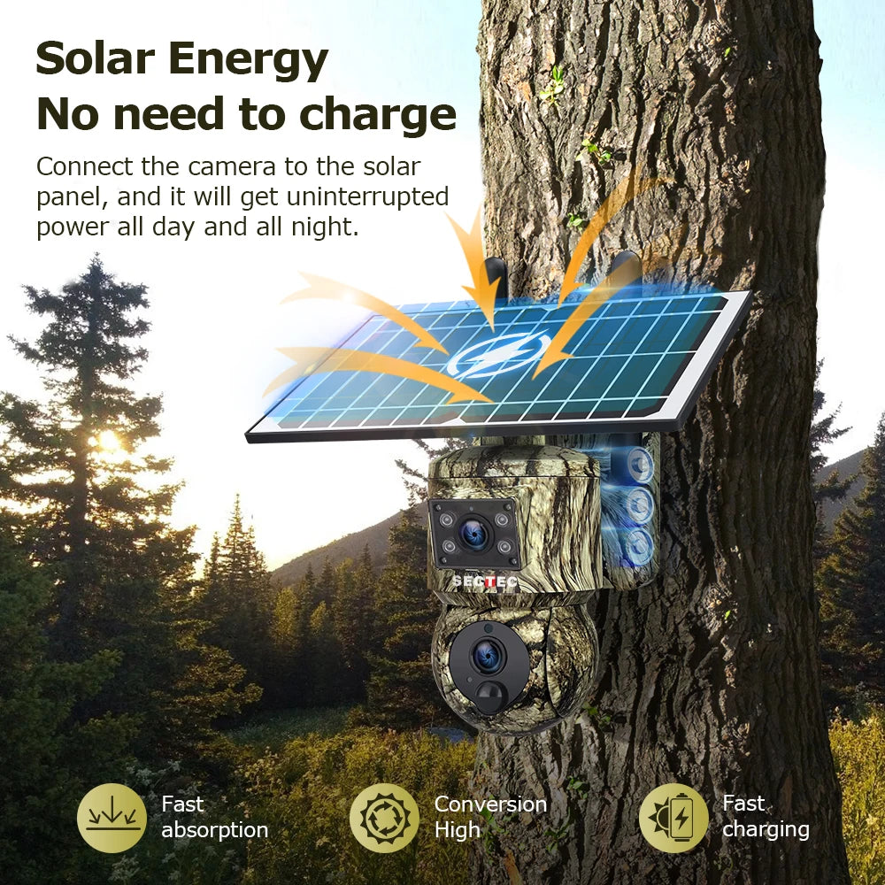 SECTEC 4G Camouflage 3K 6MP Dual Lens Dual View Solar Camera Solar Battery PTZ Camera GPS TravkingTrail Hunting Solar Camera
