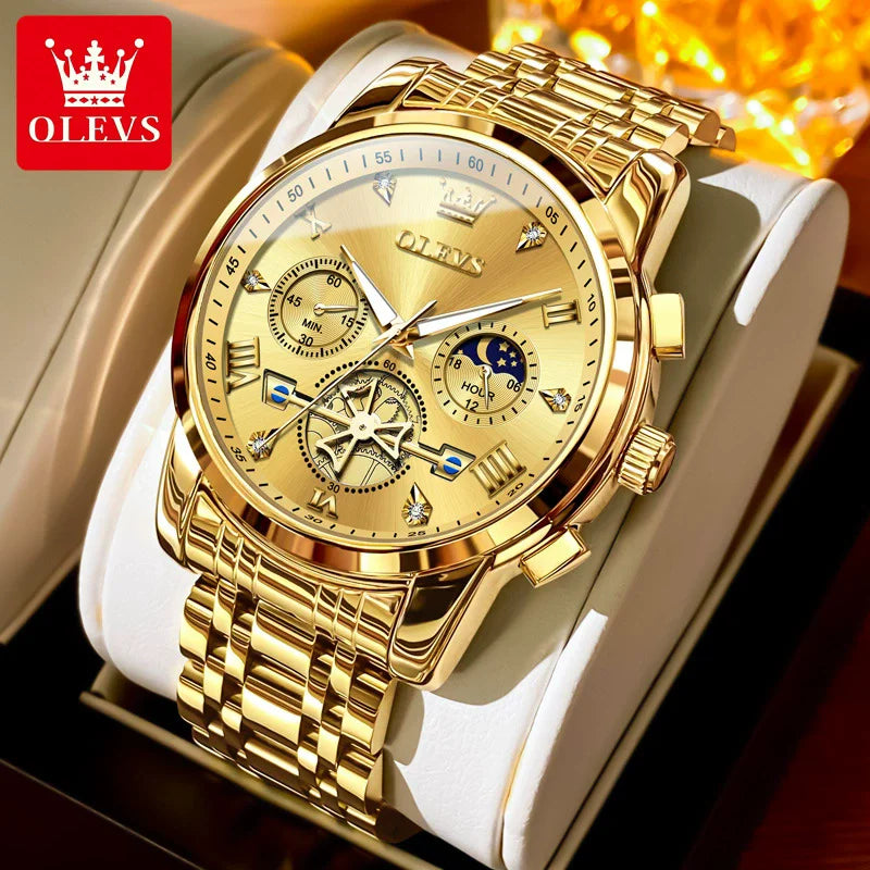 OLEVS 2856 Men's Watches Classic Multifunctional Flywheel Design Stainless Steel Waterproof Moon Phase Men's Wristwatches Trend
