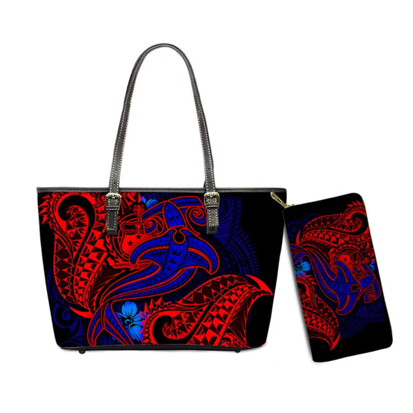 Hawaiian Flower Polynesian Design Print Women Handbags and Purses Set Customized Large Leather Tote Matching Long Zipper Wallet