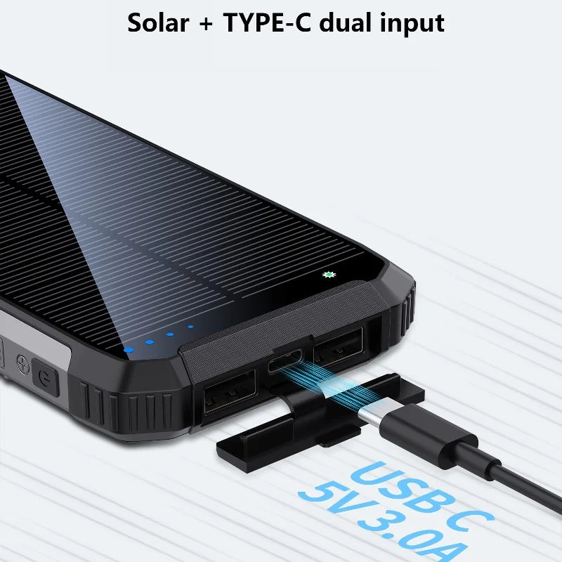 20000mAh Portable Solar  Charging Waterproof Power Bank Outdoor Chargeur Solaire Strong LED Light Solar Power Bank