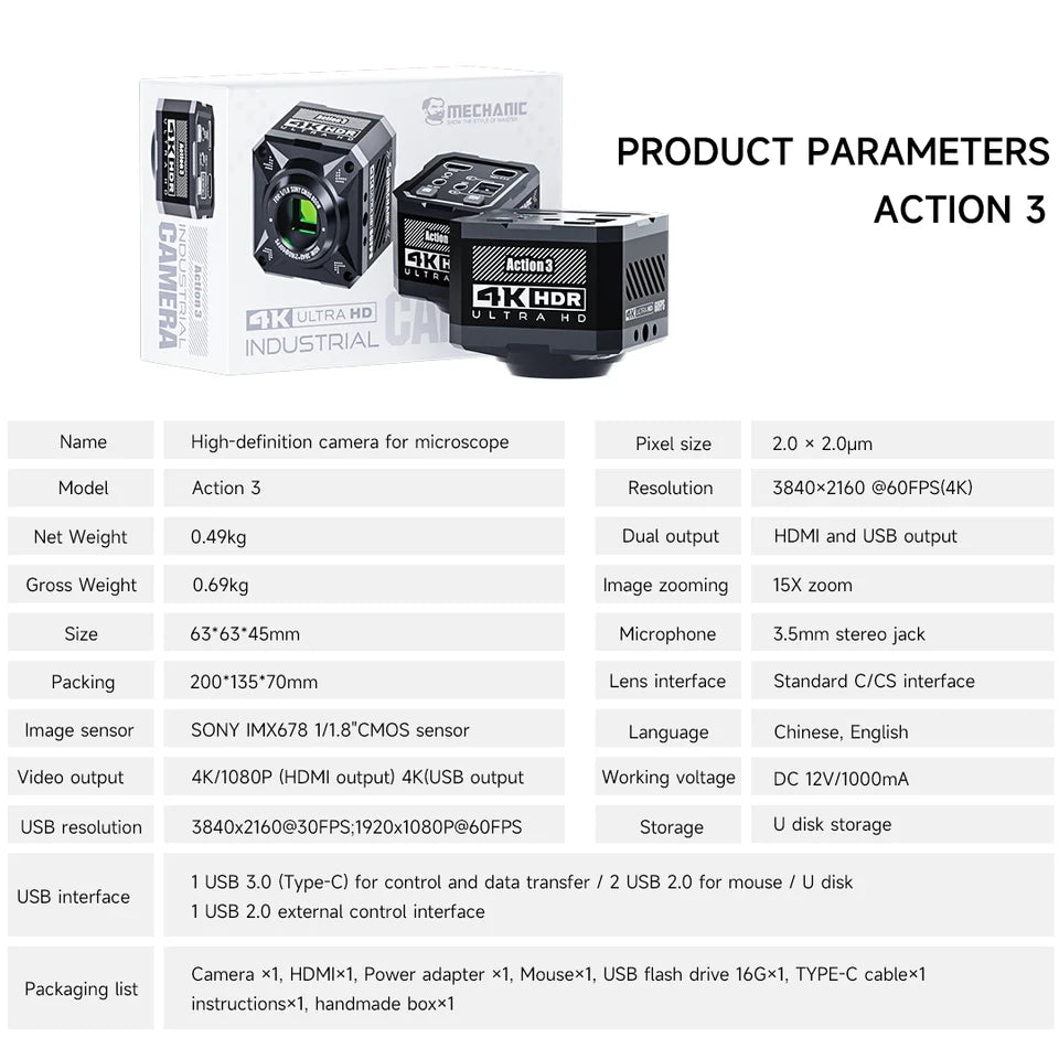 MECHANIC Action3 HD 1080P 4K 60FPS Microscope Industrial Camera HDMI/USB Output Optical Thermal Imaging Expansion IMX678 1/1.8"