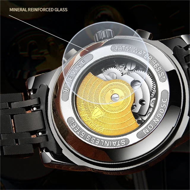 TEVISE T9005A Automatic 3ATM Waterproof Mechanical Roman Digital 9005A Luminous Function Hollow Stainless Steel Men's Watches