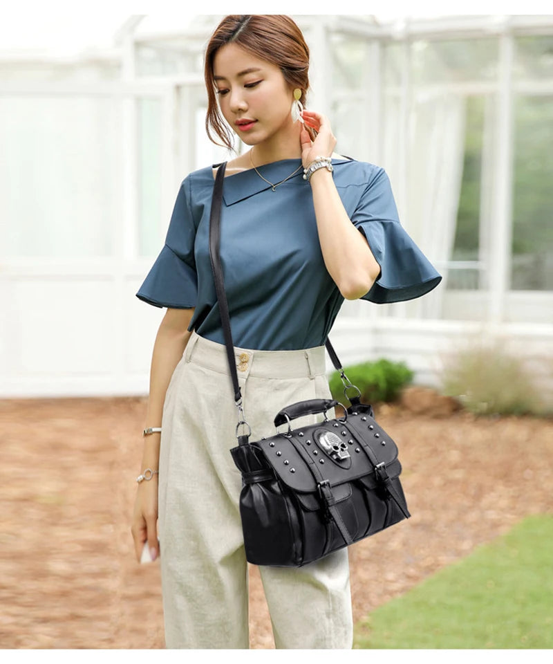 Punk Style Women Handbags Pu Leather Skull Tote Bag Black Large Capacity Shoulder Bags  Luxury Crossbody Bags