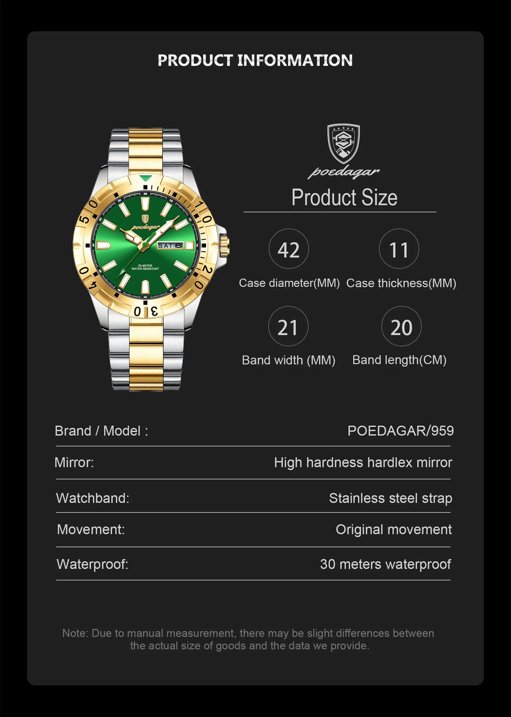 New POEDAGAR 959 Luxury Watch for Man Reloj Sports Men Quartz Watch Waterproof Luminous Date Week Stainless Steel Men's Watches