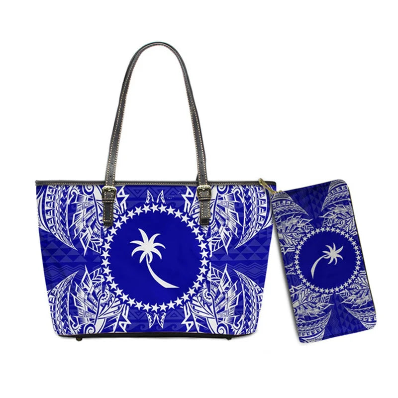 Hawaiian Flower Polynesian Design Print Women Handbags and Purses Set Customized Large Leather Tote Matching Long Zipper Wallet