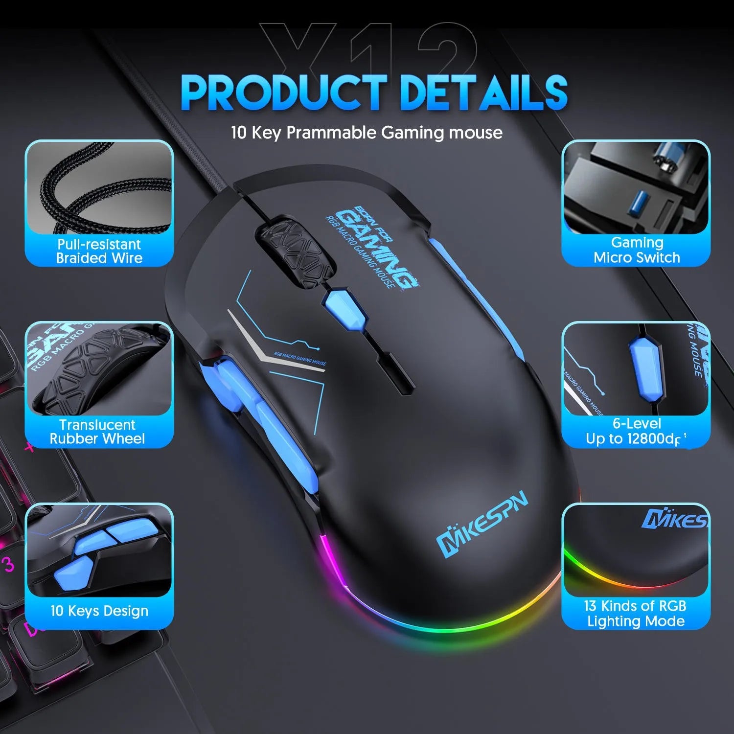 MKESPN X12 Programmable Buttons Mouse Left Right Hand Symmetrical 10-button RGB Macro Defines Gaming USB Wired 12800DPI Mouse