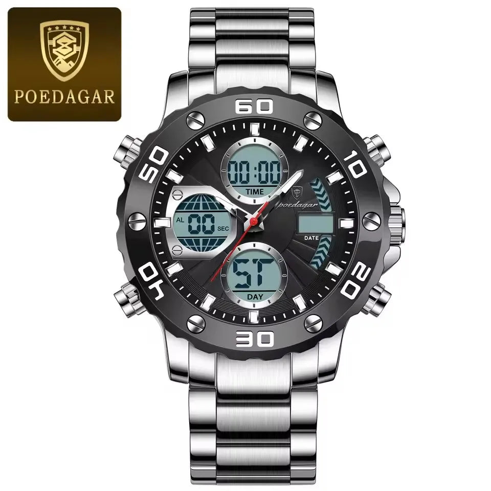 POEDAGAR Classic Men Clock Waterproof Luminous LED Date Week Chronograph Man Watch Dual Digital Display Quartz Men's Watches