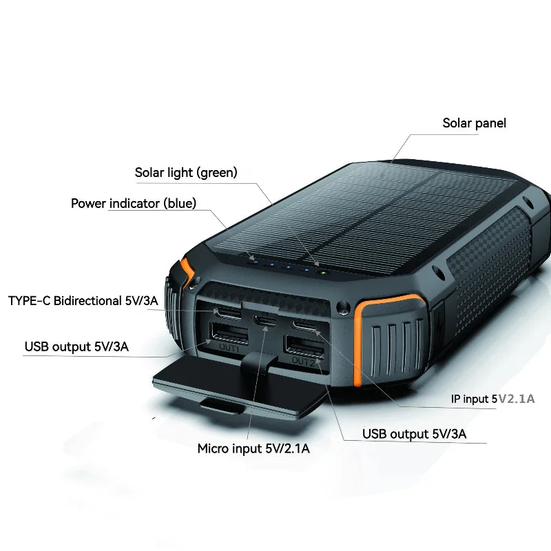 20000mah Waterproof  Solar Power Bank  Illumination Camping Charger Travel Led 3A Solar Wireless Power Bank