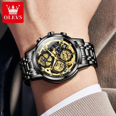 OLEVS 9947 Men's Watches Top Brand Chic Original Waterproof Quartz Watch for Man Gold Skeleton Style 24 Hour Day Night Clock