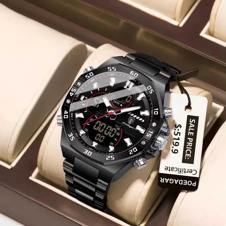 POEDAGAR E101 Luminous Week Date Man Watch LED Fashion Men Waterproof Dual Time Display Digital Electronic Quartz Men's Watches