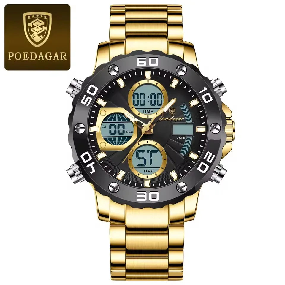 POEDAGAR Classic Men Clock Waterproof Luminous LED Date Week Chronograph Man Watch Dual Digital Display Quartz Men's Watches
