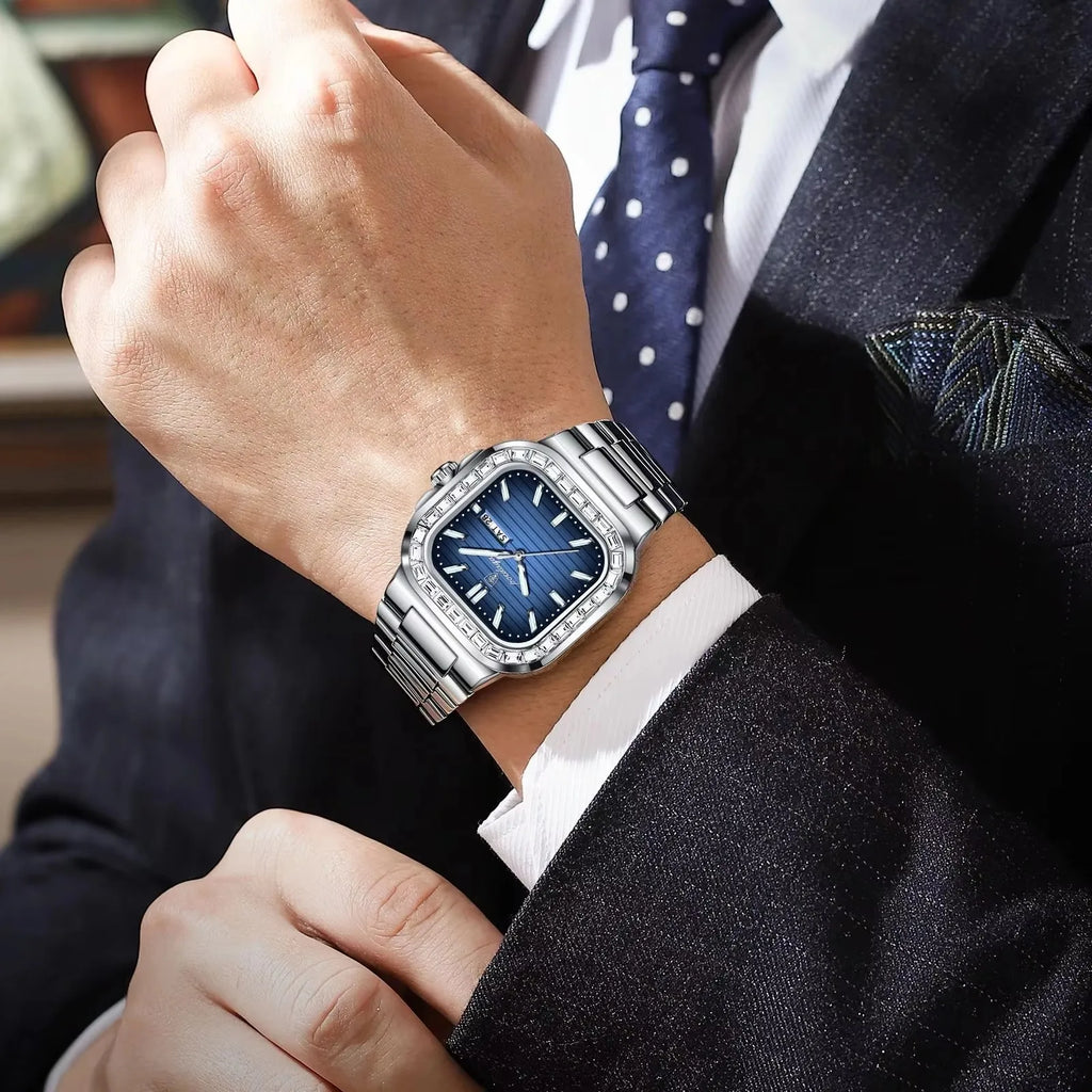 POEDAGAR Luxury Watch for Men Waterproof Luminous Date Week Man Wristwatch Stainless Steel Square Diamond Quartz Men's Watches