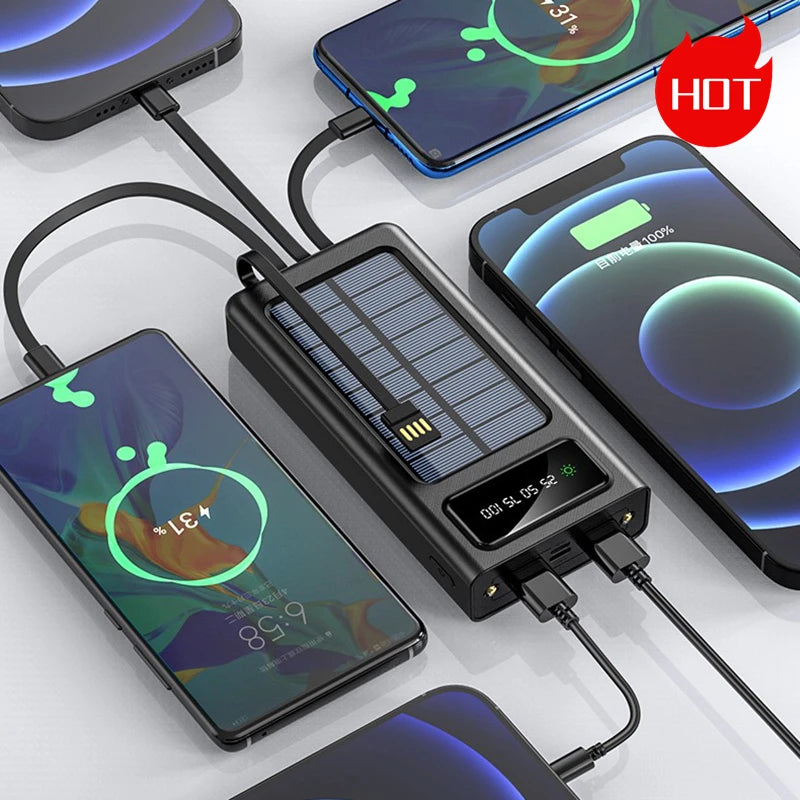 High Quality Power Bank 30000mAh Solar Power Bank LED Fill Light 2A Super Fast Charging with 4 Cable Portable Powerbank