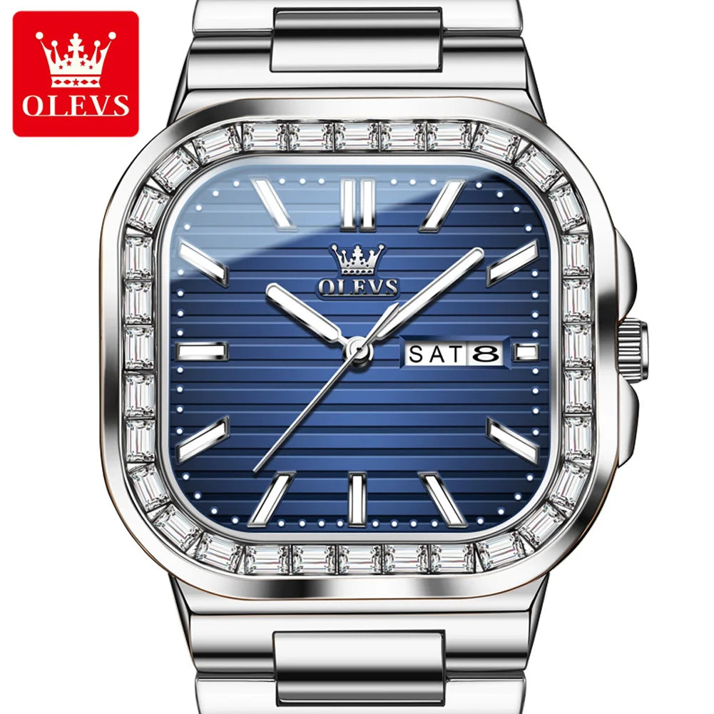 OLEVS 9966 Men's Watches Square Shape Stainless Steel Strap Diamond Calendar Dial Elegant Luxury Wristwatch for Men