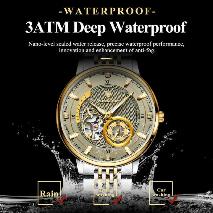 POEDAGAR 1416 Stainless Steel Men Waterproof Automatic New Luxury Man Watch Tourbillon Mechanical Hollow Out Men's Watches