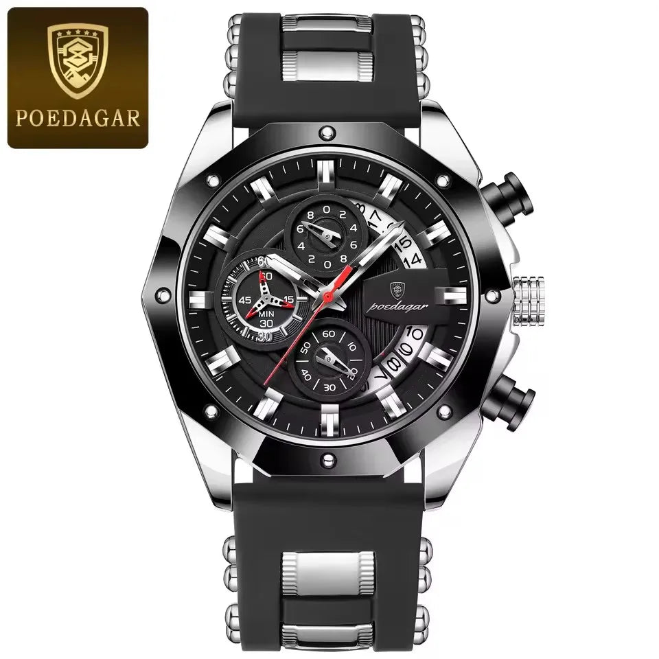 POEDAGAR 913 Luxury Men Watch Waterproof Luminous Date Sport Man Wristwatch Chronograph Silicone Strap Quartz Men's Watches