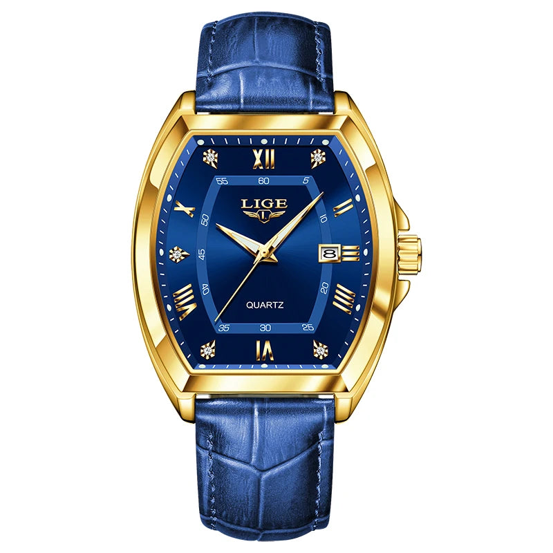 LIGE Men's Watches Luxury Original Top Brand Quartz Watch for Men Leather Waterproof Luminous Diamond Dial Date Male Wristwatch