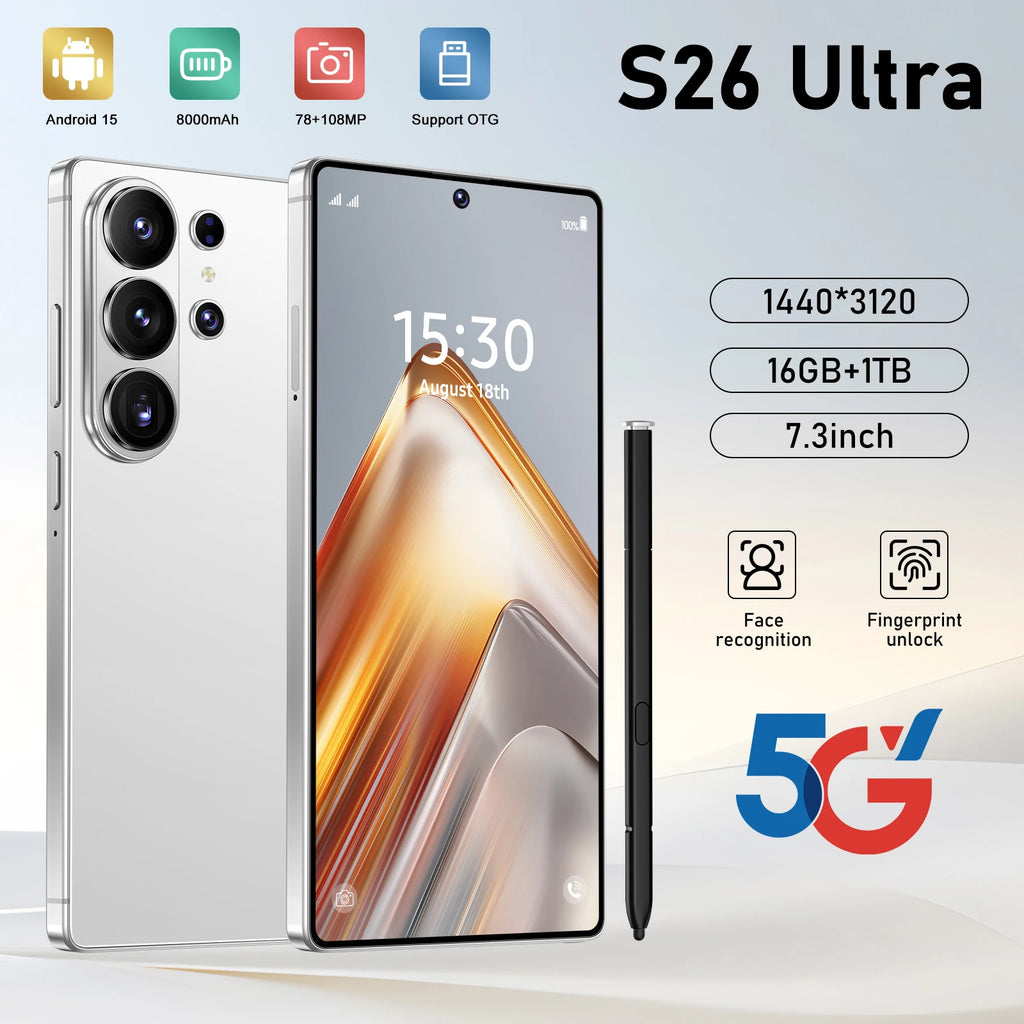 For S26 Ultra 5G Android 15 Octa Core Smartphone French OLED 144Hz Display Above 8000mAh Battery Gaming Phone