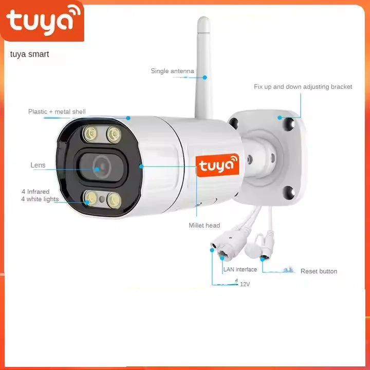 Tuya Metal Outdoor Wireless WiFi Bullet Camera Home 2MP/4MP/6MP Dual-Color Night Vision CMOS Sensor TF Card Storage Smart Life