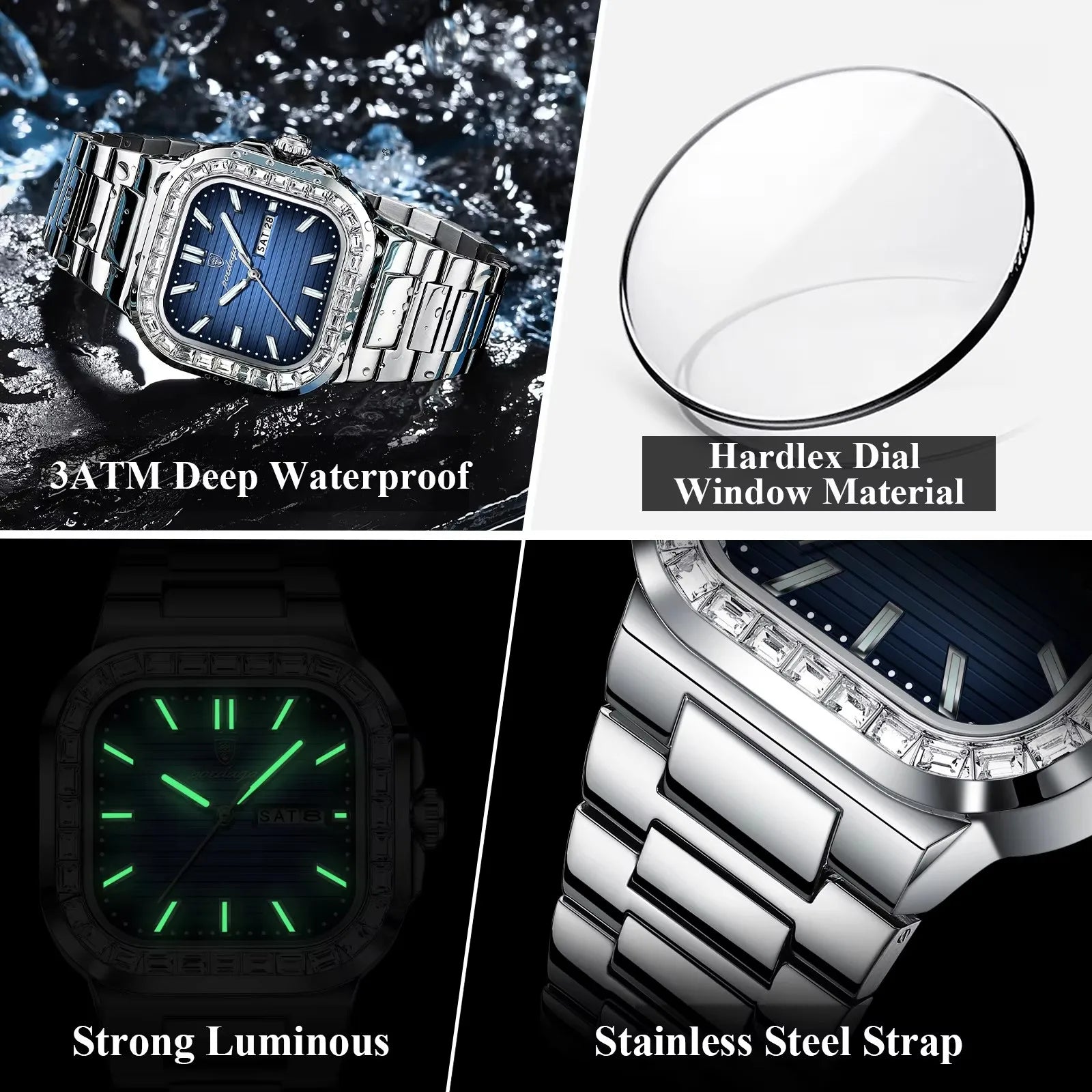 POEDAGAR New Luxury Gold Blue Quartz Watch for Men Stainless Steel Waterproof Luminous Date Week Fashion Square Men's Watches