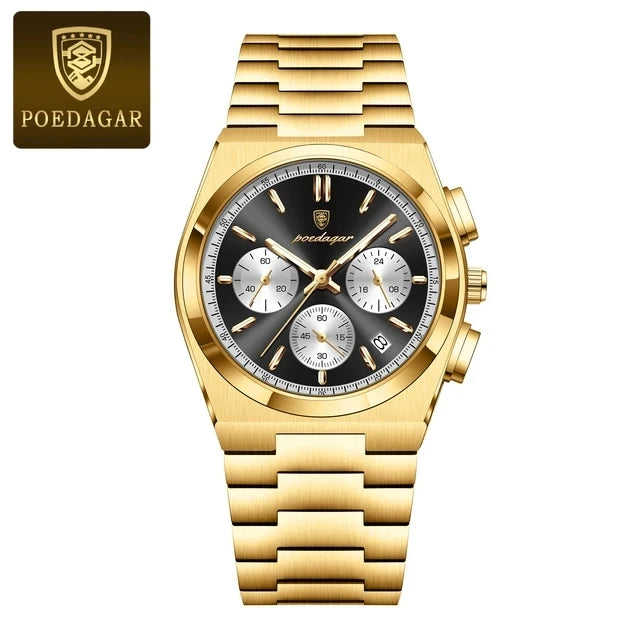 POEDAGAR 970 New Luxury Man Quartz Watch Sport Watch for Men Waterproof Luminous Date Chronograph Stainless Steel Men's Watches