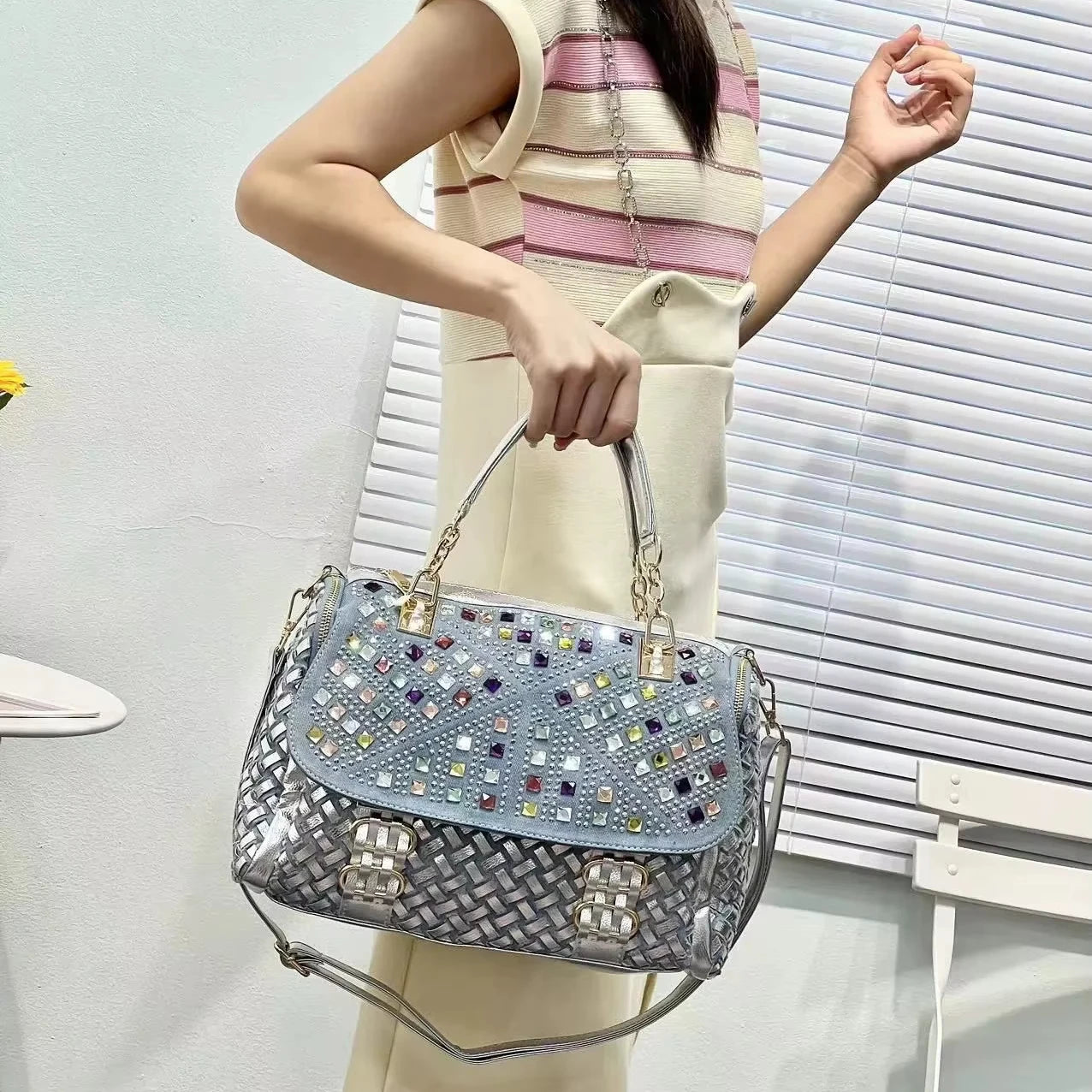 Renovate Denim Jean Casual Women Handbags Designer Shoulder Bags Rhinestone Decorative Womens Messenger Bag Totes