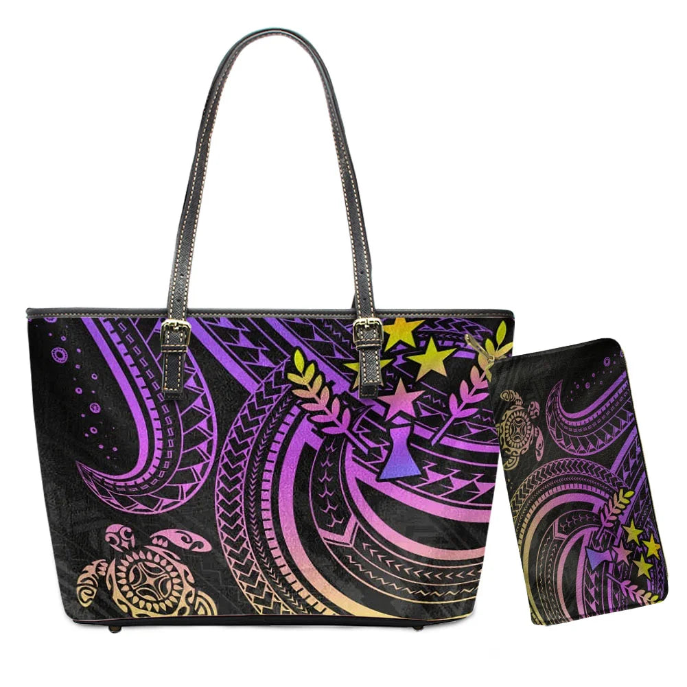 Hawaiian Flower Polynesian Design Print Women Handbags and Purses Set Customized Large Leather Tote Matching Long Zipper Wallet
