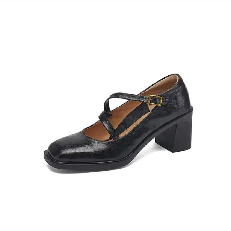 Square Toe High Heel Mary Jane Shoes Female Chunky Heel Low-cut